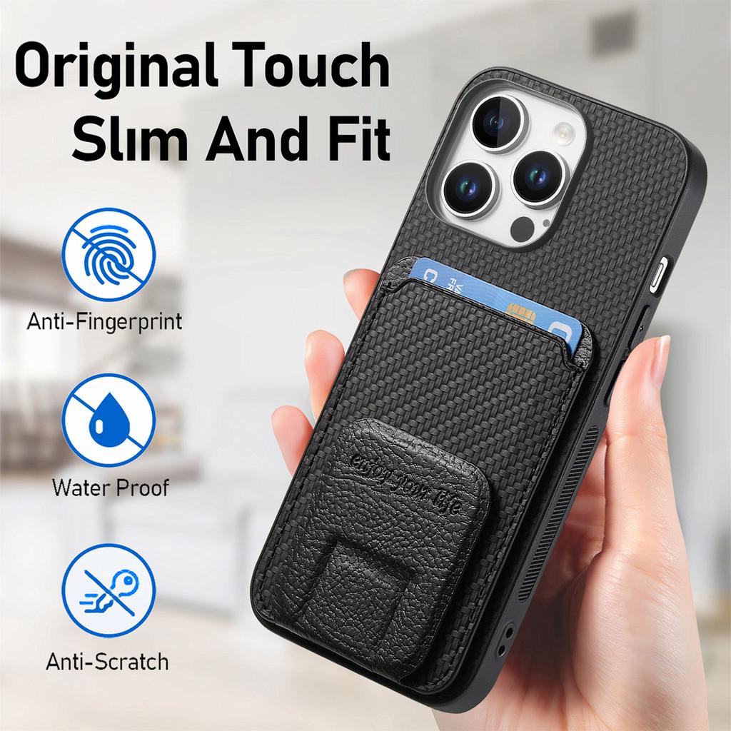 C1-11 for iPhone 16 Pro Max Case Card Holder Carbon Fiber Texture Leather Coated TPU Phone Cover