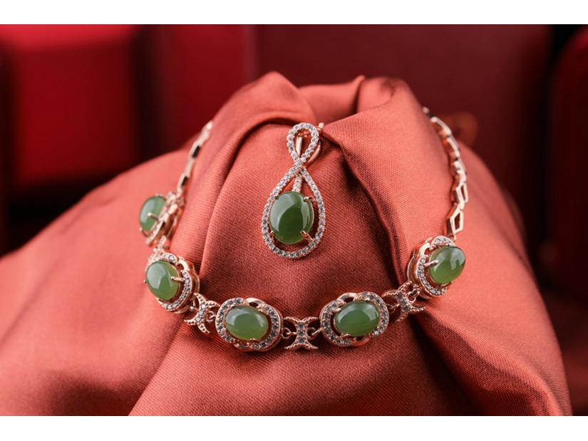 Bridal 4-Piece Set: Rose Gold Plated 925 Silver Earrings, Ring, Necklace with Jasper and Hetian Jade
