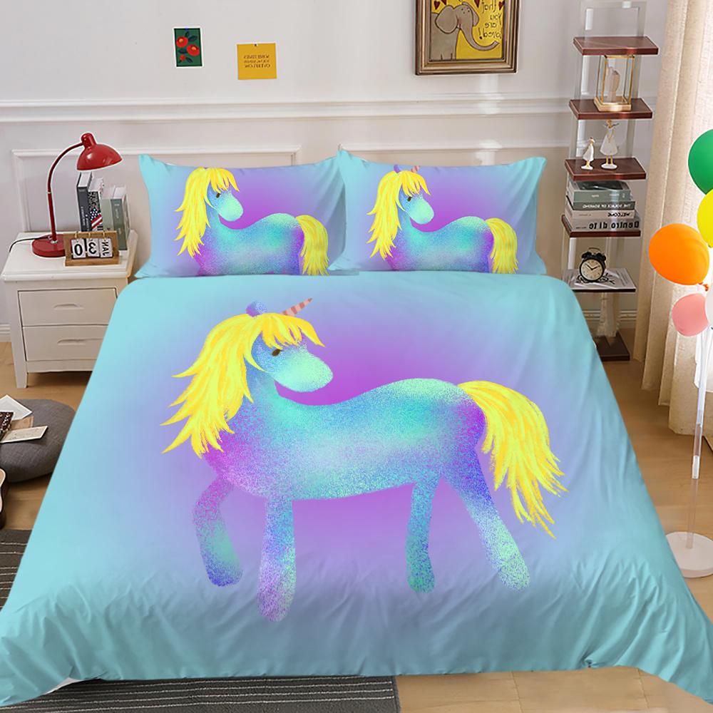 2023 Neuer Stil Bettwäsche-Set 3D Einhorn-Druck Bettdecke Bettzeug Zuhause Dreiteilig Warm Polyester Kissenbezug Bettbezug