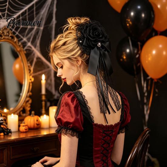 Halloween Costume Hair Decor Rose Bow Clip, Lace Pearl Hairpin, Lolita Gothic Bowknot Floral Headpiece Hairpin for Women Bride Cosplay Party