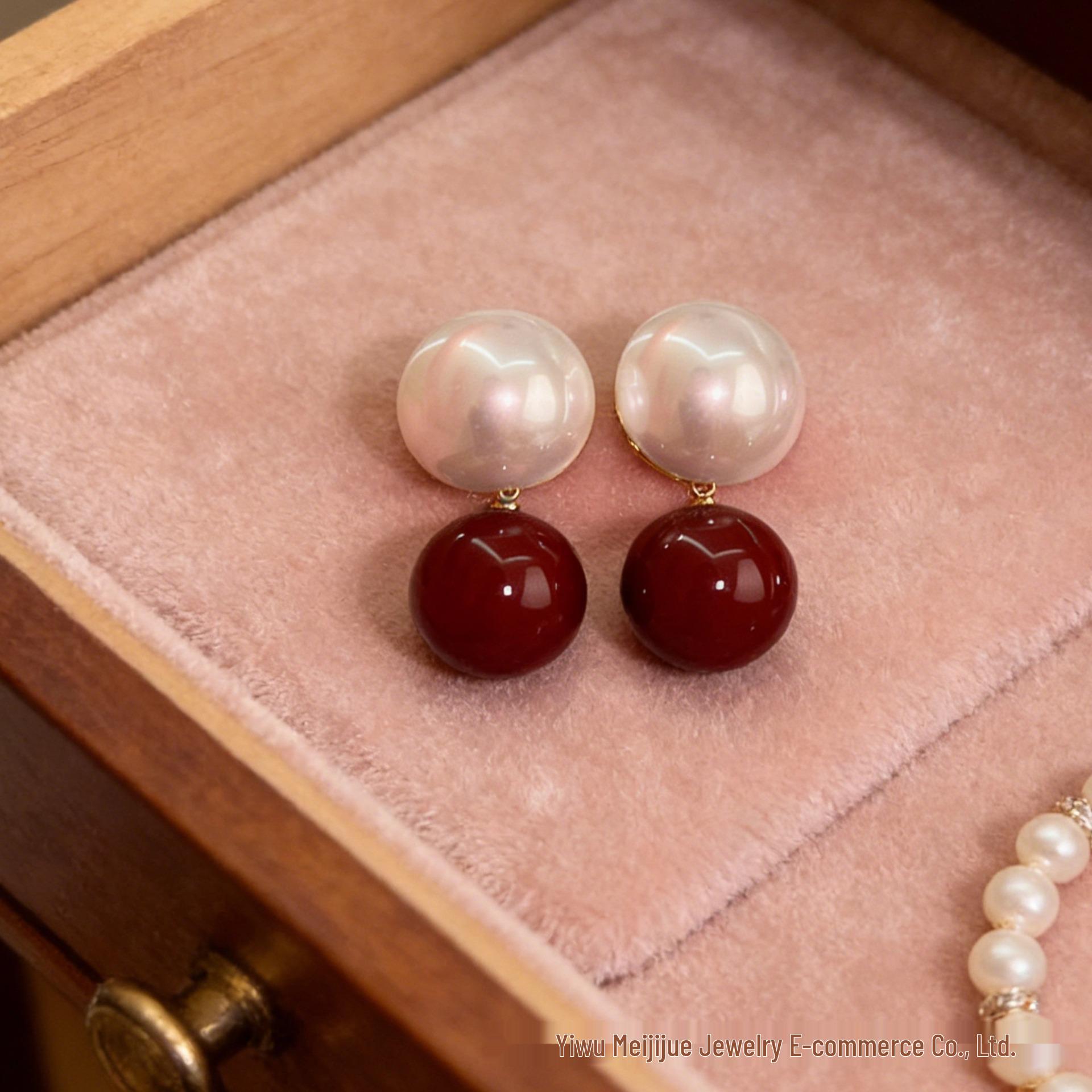 Ancola Red Pearl Geometric Light Luxury Earrings - High-End Retro Korean Minimalist Oval Red Pattern Drop Earrings Standard
