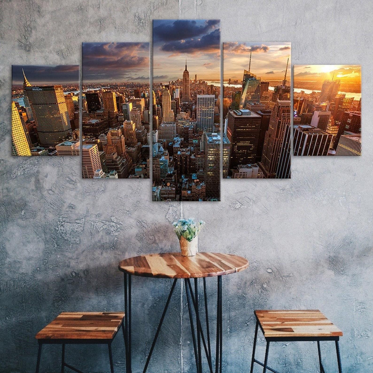 

Sunset New York Skyline Empire State Building 5 Piece Five Panel Wall Canvas Print Modern Art Poster Picture Home Decor Gift For Him For Her 20X35 20X45 20X55CM