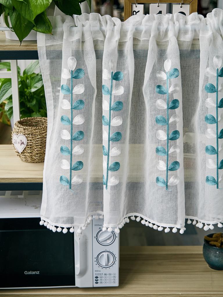 Leaves Short Sheer Tier Curtains Green Leaf Embroidery Kitchen Half Curtain Rod Pocket