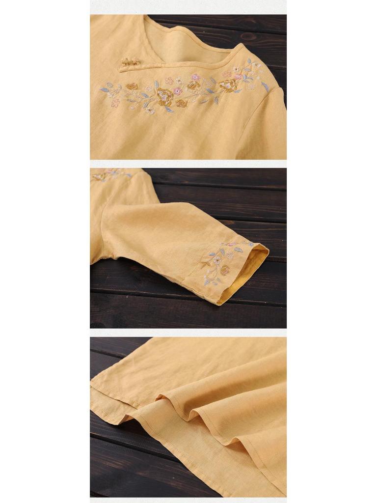 Damska letnia bawełniano-lniana koszulka z haftem w stylu etnicznym, z okrągłym dekoltem, krótkim rękawem, luźnym krojem