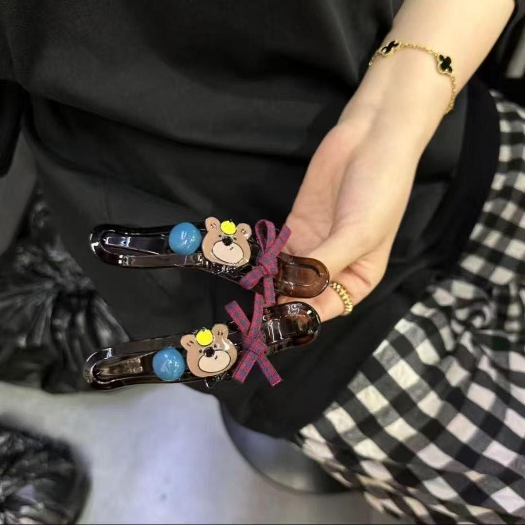 Koreansk Stil Rutig Nallebjörn Hårklämma med Rosett - Håraccessoar för Uppklippt Hår