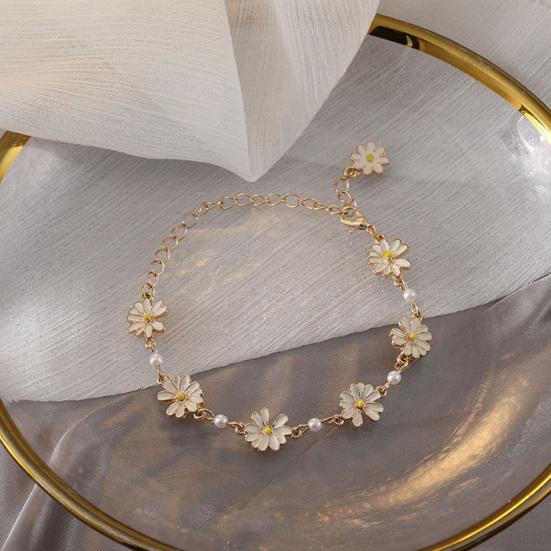 Yousheng Women Bracelet Small Faux Pearl Golden Extension Chain Elegant Temperament Alloy White Flowers Charm Ladies Bangle Fashion Jewelry