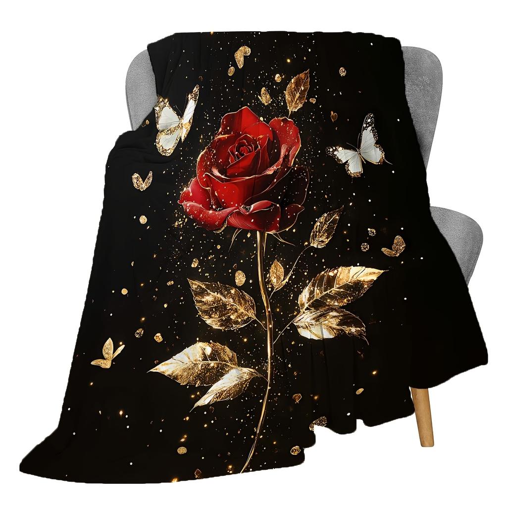 Elegant Red Rose Blanket - Soft Cozy Throw with Gold Accents and Butterflies, Perfect for Home Decor, Unique Romantic Gift