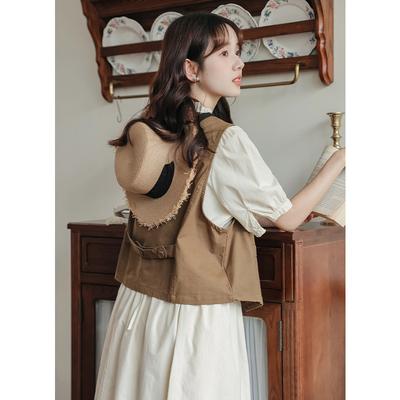 Summer Literary and Artistic Xiaoqing Retro Stand-up Collar Waist Short-sleeved Dress + Vest Two-piece Set