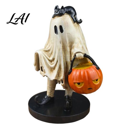 Artistic Desktop Collection Vintage Halloween Ghost Figurine Cute Spooky Resin Statue with Pumpkin Figurine Bucket And Black Cat for Indoor