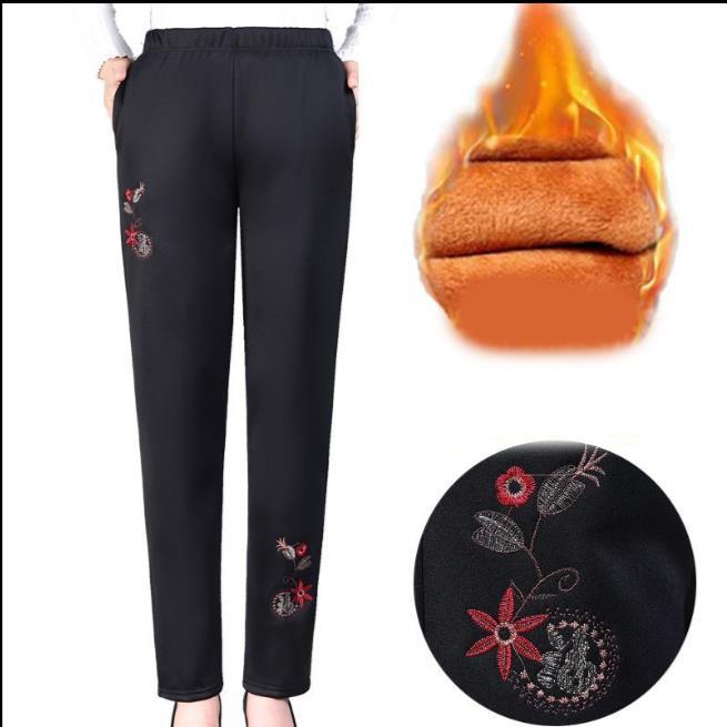5XL Autumn and Winter Plus Velvet Casual Pants Elderly Women's Pants Loose High Waist Elastic Waist Warm Straight Pants