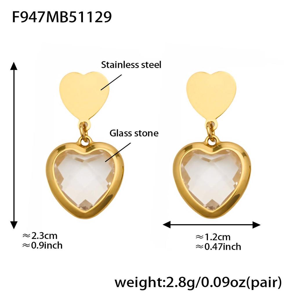 Colorful Heart Glass Stone Tassel Earrings & 18K Gold Plated Stainless Steel Necklace