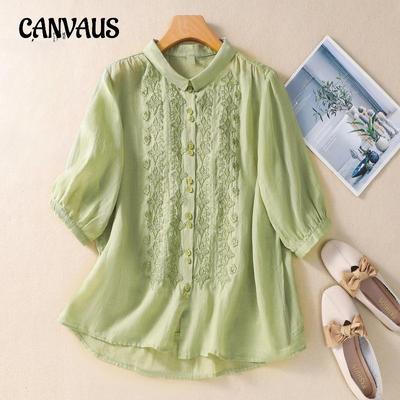 Summer Women's Shirt Plus Size Embroidered Flowers Three-quarter Sleeve Cotton Linen Shirt Loose Literary Retro Lapel Shirt