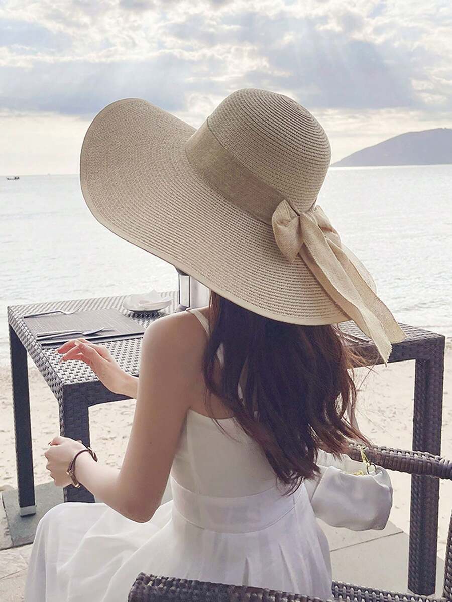 Comfortable Home Life Women's Khaki Boho Style Wide Brim Straw Sun Hat With Bow For Beach Summer