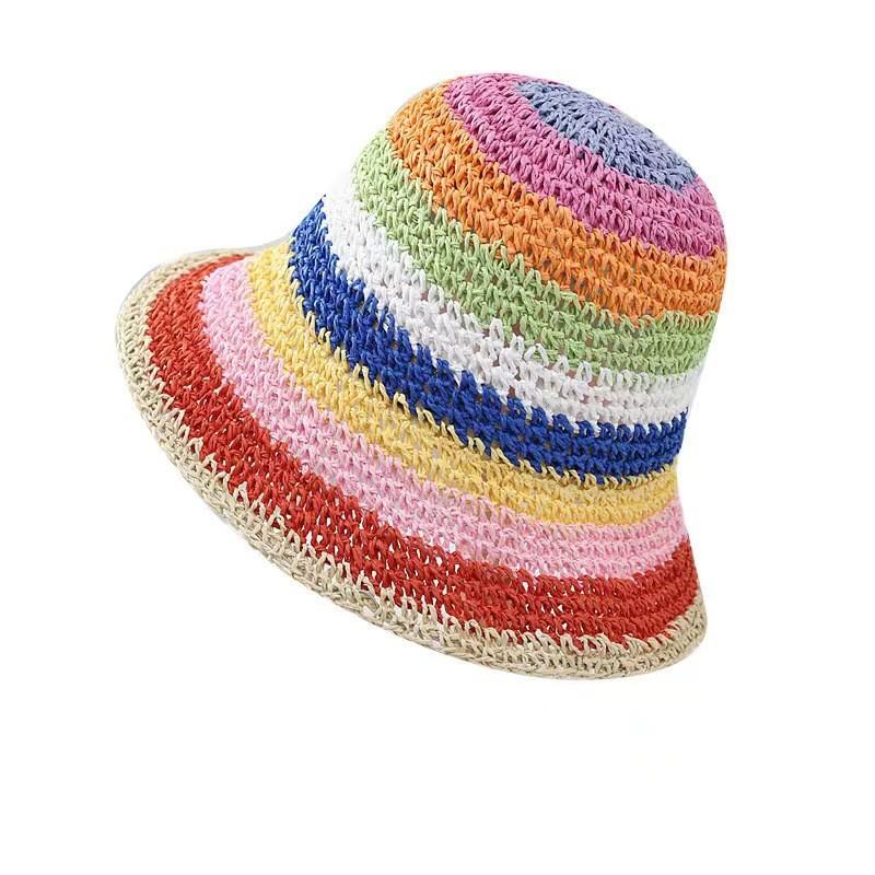 Cappello di Paglia Estivo Coreano con Arcobaleno Fatto a Mano a Falda Larga Protezione Solare per Vacanza al Mare