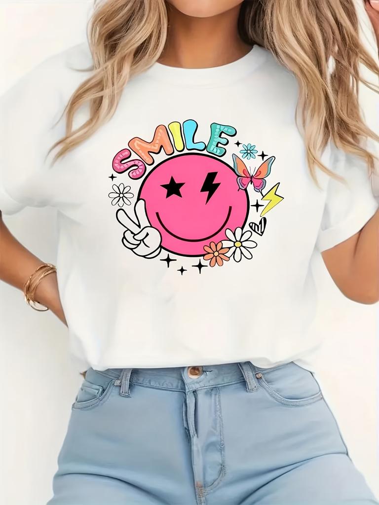 Women's Cute Heart Smile Face Print T-Shirt Casual Short Sleeve Summer Colorful Graphic Tee Short Sleeve Tee Plus Size Colorful