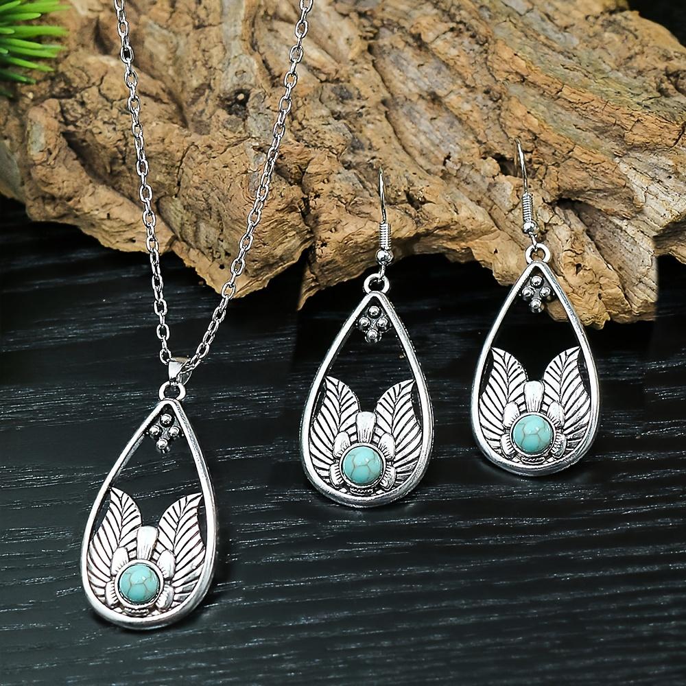 Boho Ethnic Antique Silver Zircon Set for Women Girls Geometric Earrings Pendent Necklace Birthday Gifts Daily Wear Versatile