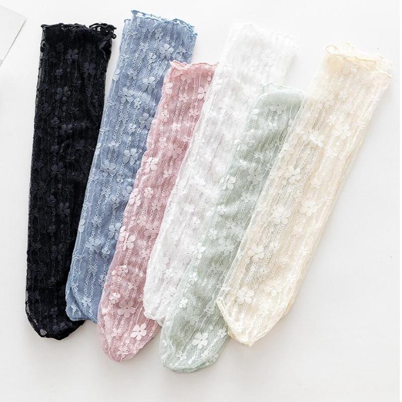 Women Sexy Lace Flower Fashion Ultra-thin Transparent Summer Japan Style Hollow Mesh Crew Socks Harajuku Retro Long Kawaii Socks
