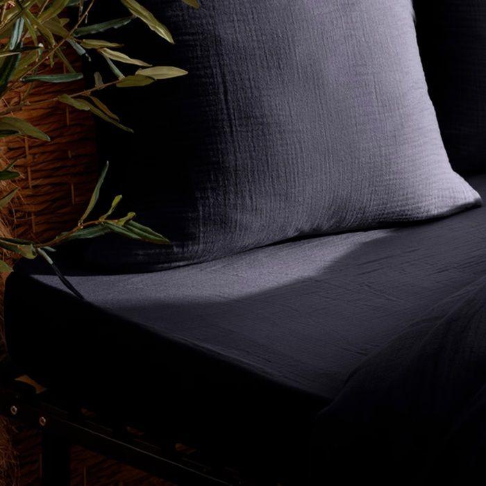 Drap Housse - Gaze De Coton - Bleu - 140 X 190 Cm - Bonnet 30 Cm - Lavable En Machine