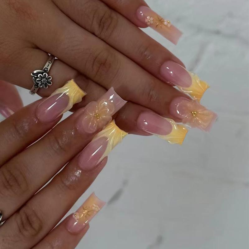 24Pcs Yellow French Floral Metal Butterfly Long Coffin Press On Nails Summer False Nail Tips