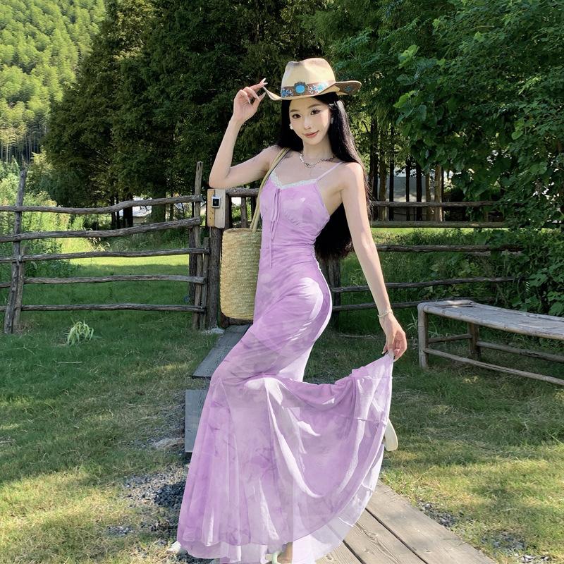 French High-end Spice Girl Smudged Mesh Splicing Suspender Skirt Summer Temperament Waist Slim and Thin Fishtail Dress