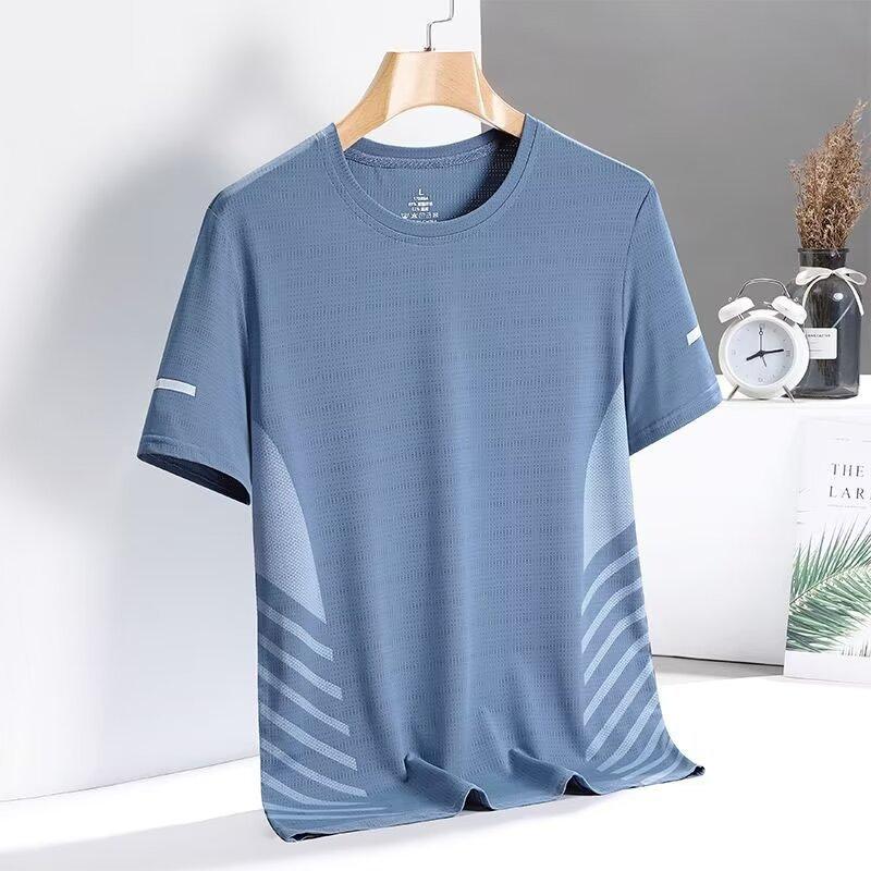 Lauf-T-Shirt Herren Sommer Eis-Seide Dünnes Top Reflektierender Druck Schnelltrocknend Kurzarm Atmungsaktiv Fitness Sport-T-Shirt