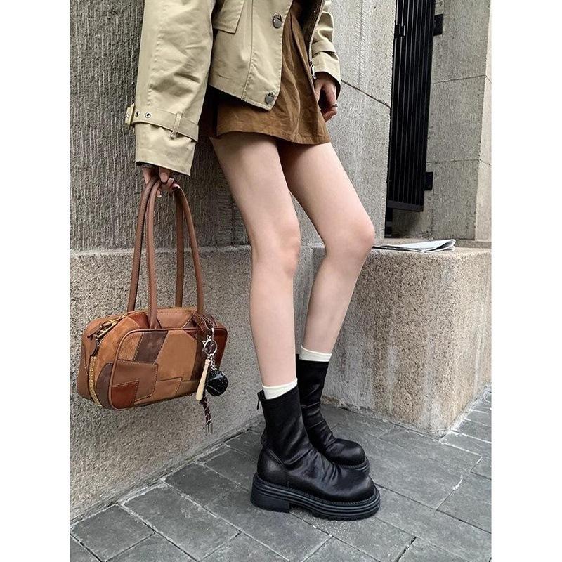 Round Head Pleated Thick Heel Elastic Stack Short Boots Women'S Autumn Versatile After Zipper Thin Boots