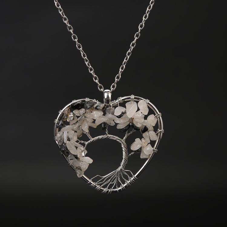 Seven-Color Heart-Shaped Tree of Life Necklace with Natural Stone Crystals