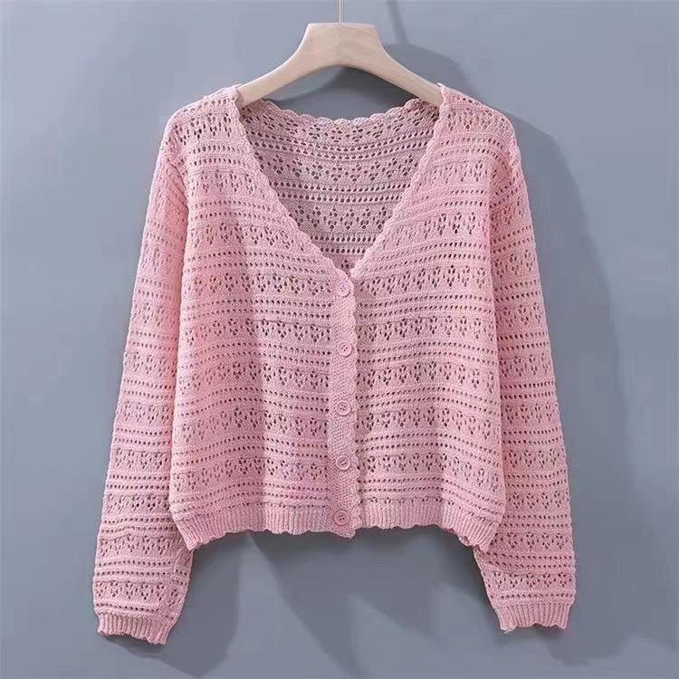 

2025 Women s Plus Size Ice Silk V-Neck Knit Cardigan - Summer Sun Protection, Solid Color, Thin, Hollow-Out Short Shawl Jacket One Size светло-розовый