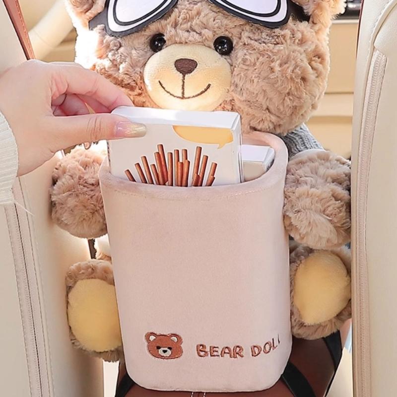 Plush Bear Shape Automotive Tissue Dispenser and Trash Can With Shake Proof Mounting and Leakproof Inner Container