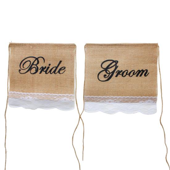 1 Set Chair Banner Letter Printed Washable Burlap Wedding Banquet Groom Bride Dining Chair Flag with Lace Festival Decor