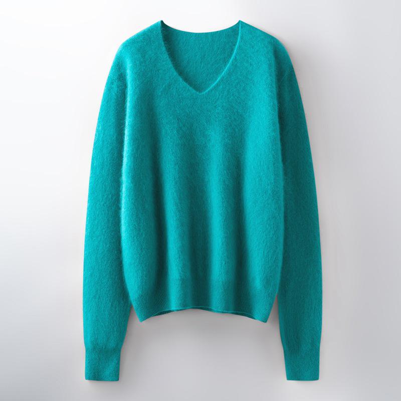 V-Neck Wool Cashmere Loose Brushed Sweater - Solid Color, Versatile, and Skin-Friendly Knitwear