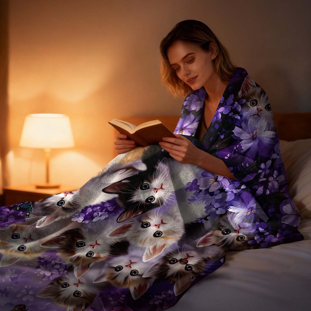 1Pc  Cute Kittens & Purple Floral Butterfly Fleece Blanket Soft Warm Cozy Throw Blanket For Cat Lovers