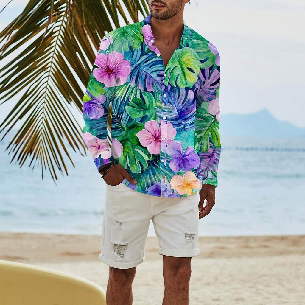 Men's Fashion Long Sleeve Printed Casual T Shirt Button Regular Fit Shirt Top