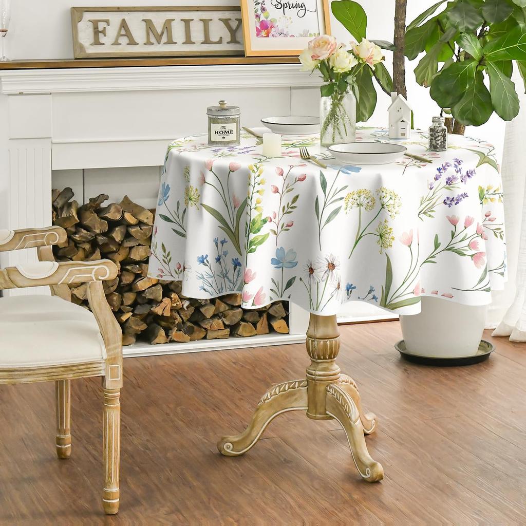 Horaldaily Spring Tablecloth 70×70 Inch Round, Wildflowers Floral Herbs Elegant Washable Table Cover for Party Picnic Dinner Decor