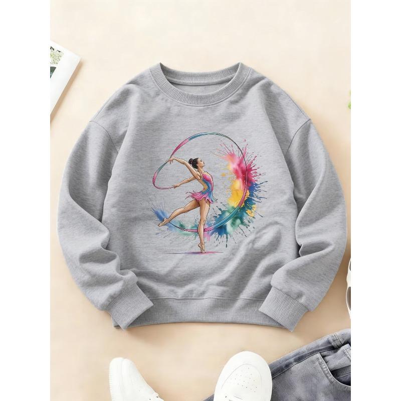 Kids Crewneck Long Sleeve Sweatshirt, Dynamic Artistic Gymnastics Girl Graphic Print, Warm Fashion Top