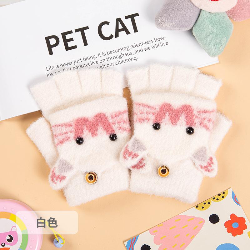 New Children's Half-finger Gloves Winter Velvet Thickened Children's Cute Cartoon Cat Antifreeze Warm Flip Gloves