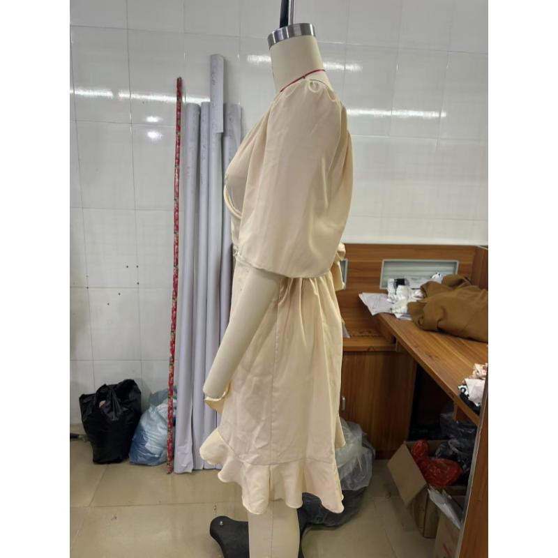 Vestido Mini de Verano Cruzado con Cuello en V Color Sólido Cintura Alta Dobladillo con Volantes Manga Corta Acampanada Elegante Casual Fiesta Cita Uso Diario Vestido de Sol