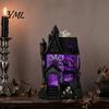 Indoor Haunted Home Accessory Gothic Resin Glitter Village Decoration, Halloween House Figurine with Purple Desktop Ornament Pumpkins Skulls Windows,