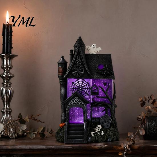 Indoor Haunted Home Accessory Gothic Resin Glitter Village Decoration, Halloween House Figurine with Purple Desktop Ornament Pumpkins Skulls Windows,