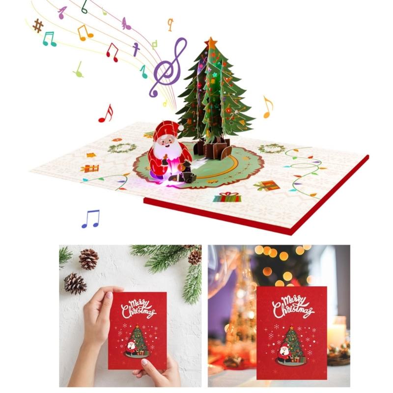 LED Işıklı Müzikli Noel Kartı Katlanabilir 3D Açılır Tebrik Kartı Zarfıyla El Yapımı Davetiye Kartpostalı
