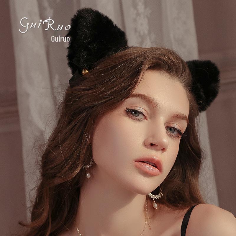 Rose Plush Cat Ears Headband with Bow and Bell - Women's Hair Accessory