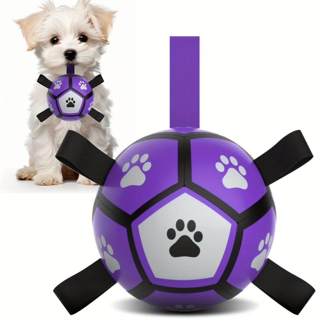 Durable Rubber Dog Soccer Ball with Straps - Interactive Chew-Resistant Pet Toy for All Breed Sizes, Purple &Black with Paw Print Design,Dog Ball Toy
