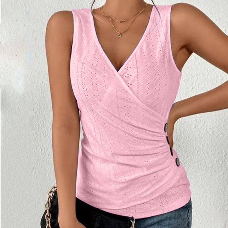 

Женский летний пуловер без рукавов с v-образным вырезом, однотонный, дышащий, плиссированный жилет на пуговицах, топ XXXL ярко-розовый