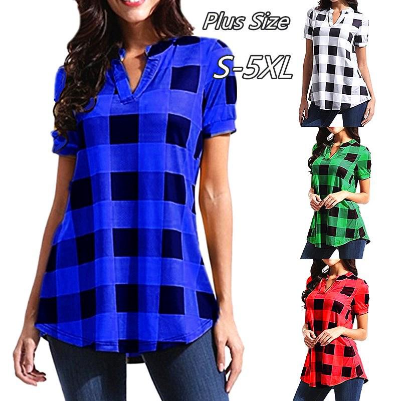 2023 Trendy Plaid V-Neck Short Sleeve Loose Women's Shirt Blouse