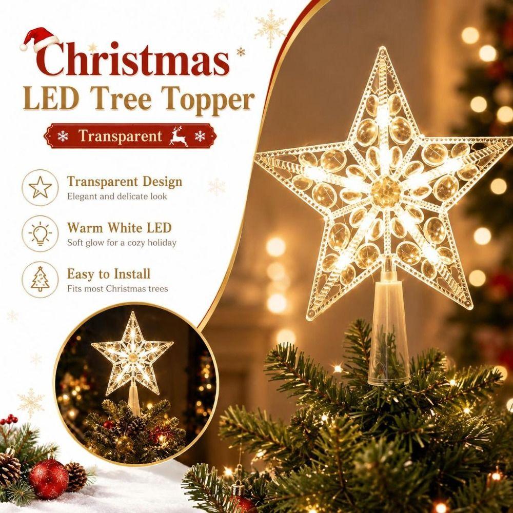 Warm White Christmas Tree Topper Transparent Five Point Star Topper Festive Decorations