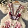 Summer Sweet Ethnic Style Retro Deep V-neck Wooden Ear Edge Sleeveless Printed Dress Women Cake Fairy Long Dress