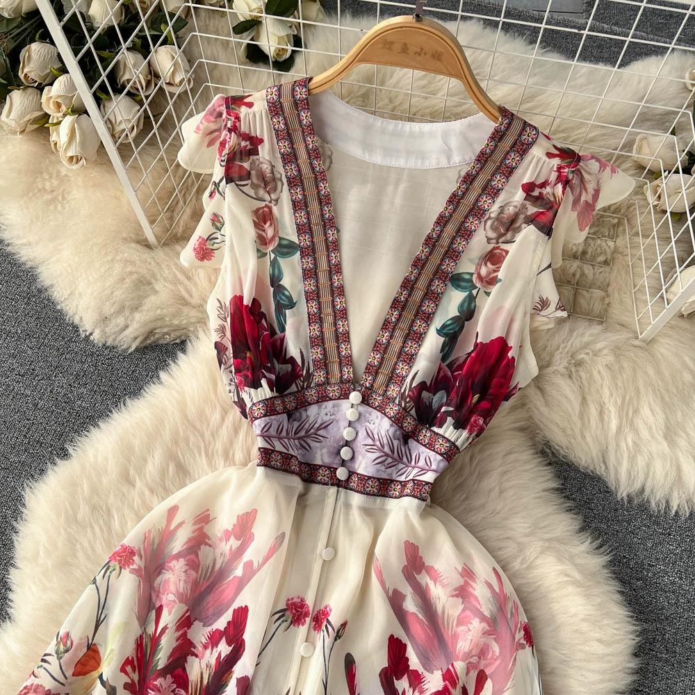 Summer Sweet Ethnic Style Retro Deep V-neck Wooden Ear Edge Sleeveless Printed Dress Women Cake Fairy Long Dress