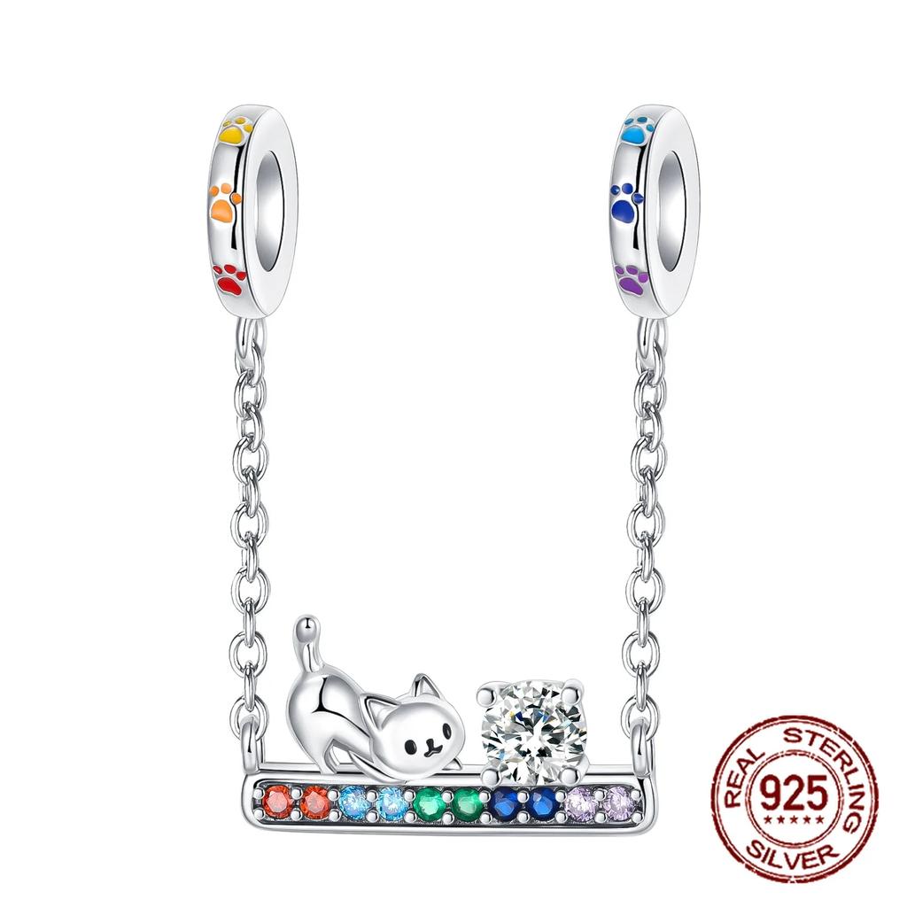 Colgantes de plata de ley S925 con forma de gato, perro, mariposa, flor y cadena de seguridad de color morado, aptos para pulseras originales DIY