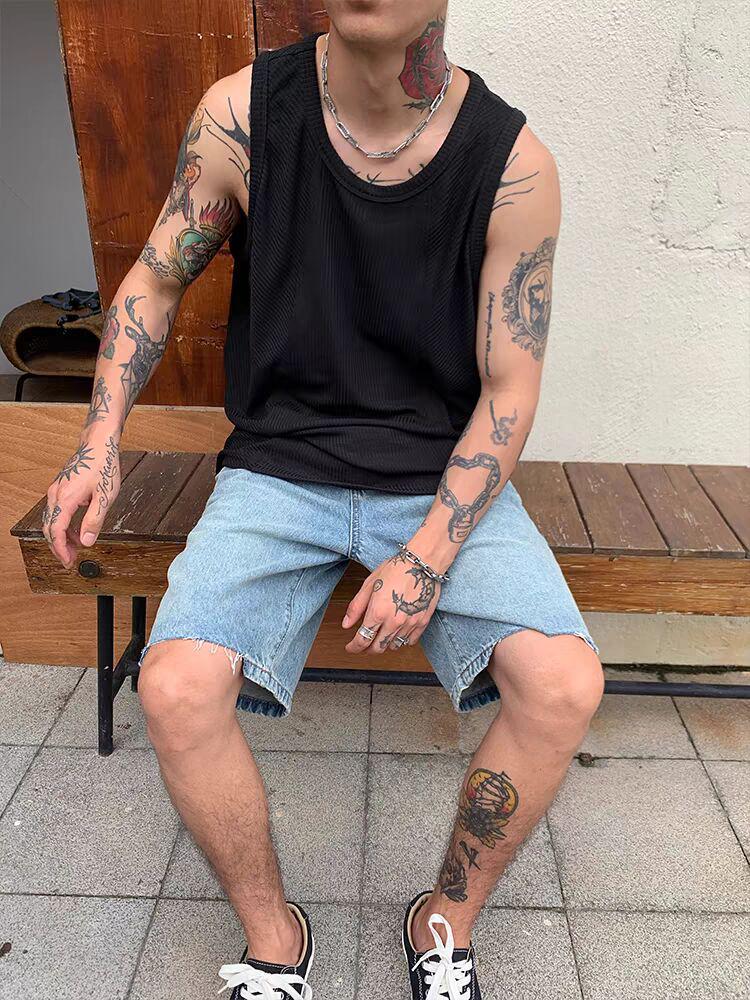 Мужская американская баскетбольная майка из ледяного шелка - U-образный вырез, без рукавов, свободный крой, рубчатая майка M