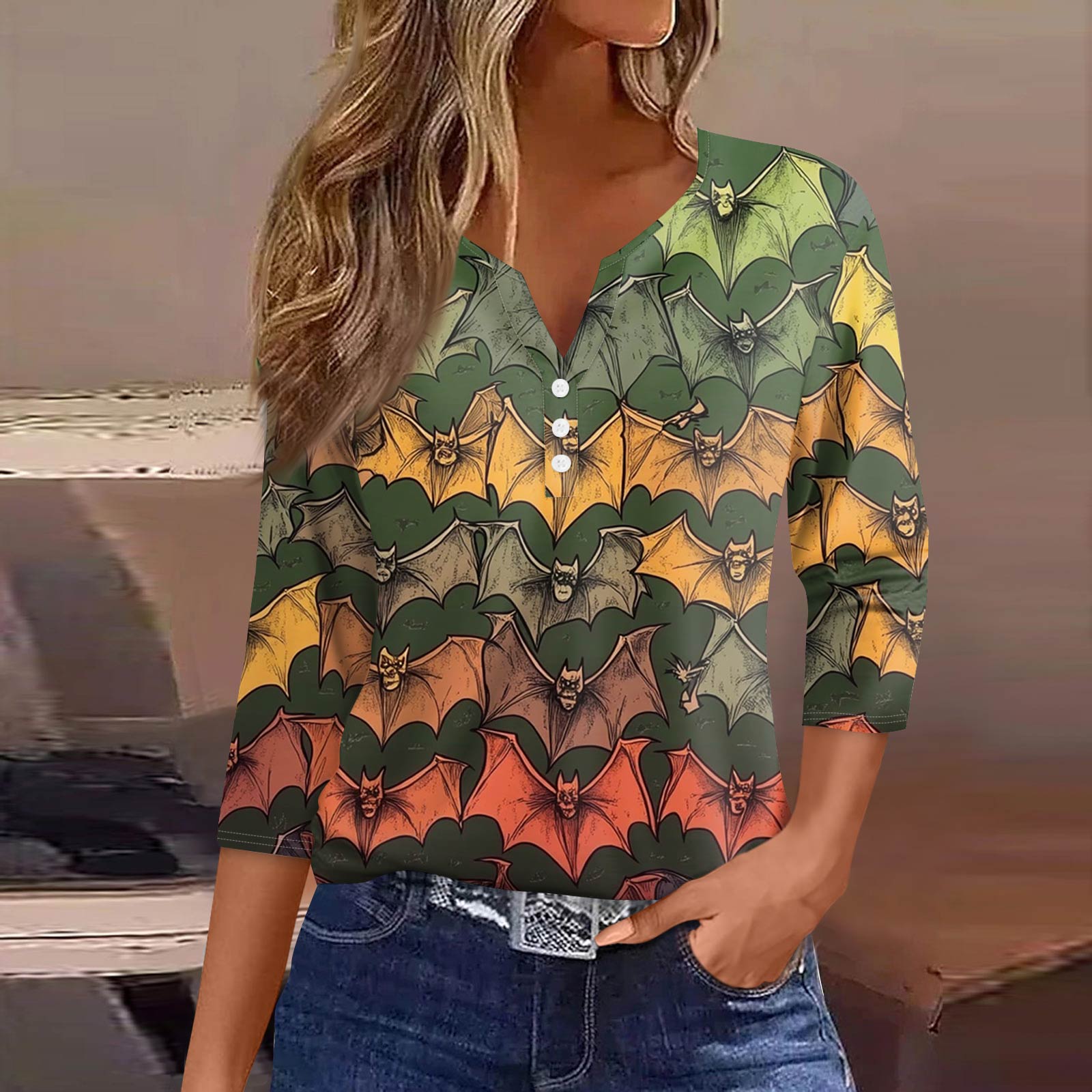 

Женская модная повседневная футболка с V-образным вырезом, рукавами семь, напечатанным на пуговицах XXXL